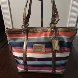 EUC Coach Vibrant Striped Tote with Gold Accents